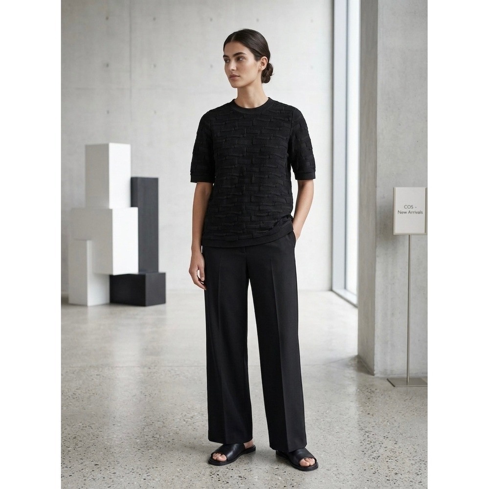 COS Black Textured Knit Short Sleeve Cotton Top Brick Pattern 0722800 9